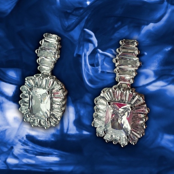 NEW White Gold-Plated Stacked Diamond Simulant Emerald Baguette Drop Earrings - Picture 10 of 14